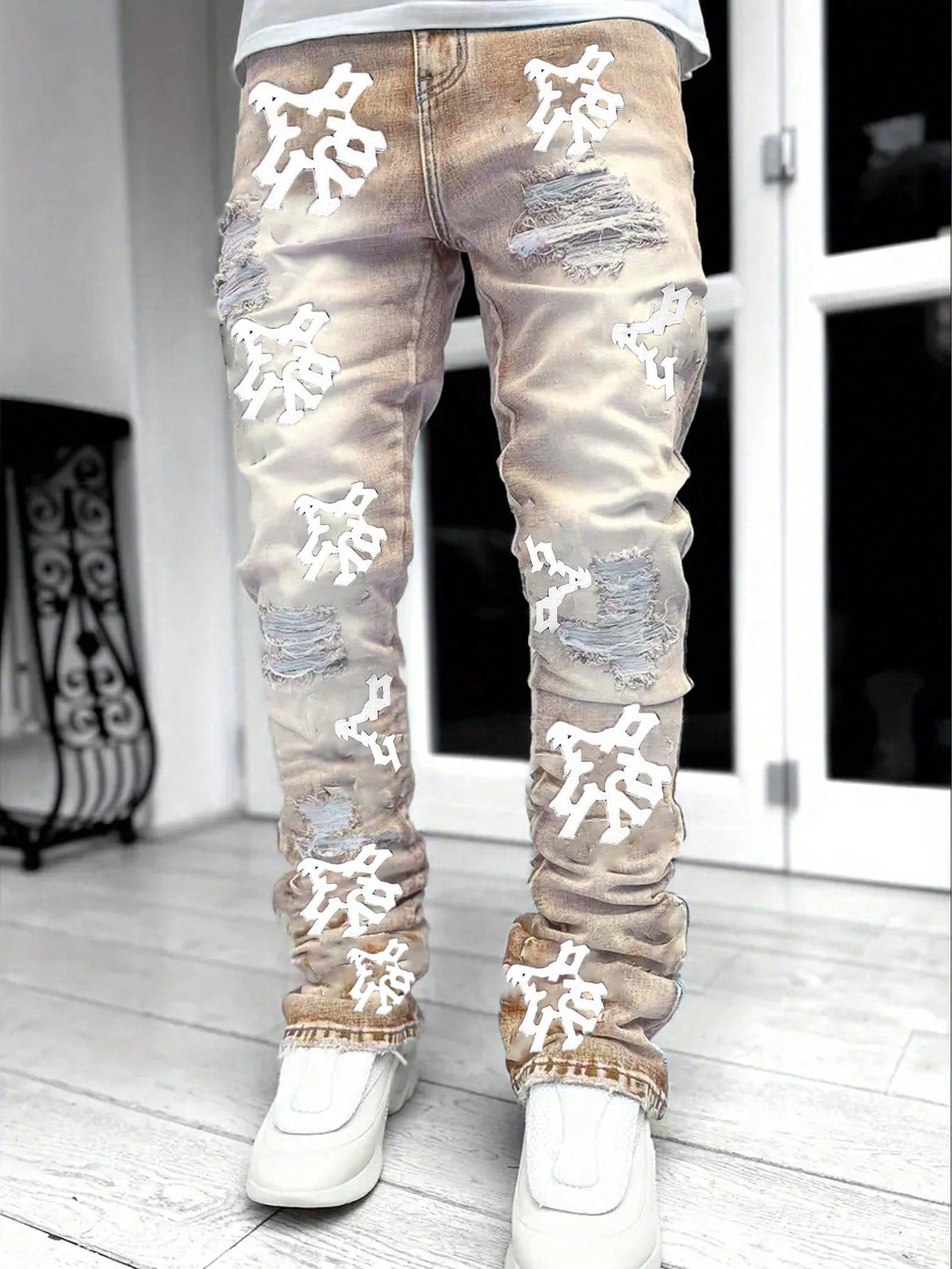 Vintage Embroidered Leather Flower Ripped Jeans For Teenagers