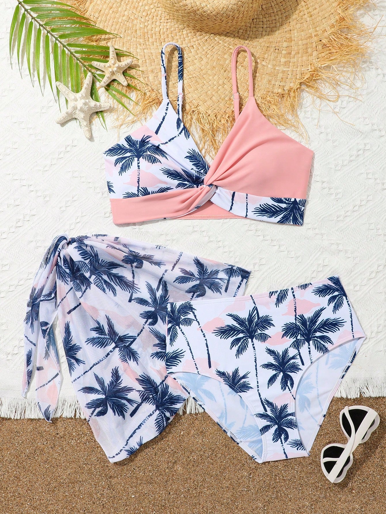 Teen Girl Tropical Print Bikini Set With Beach Skirt Summer Beach