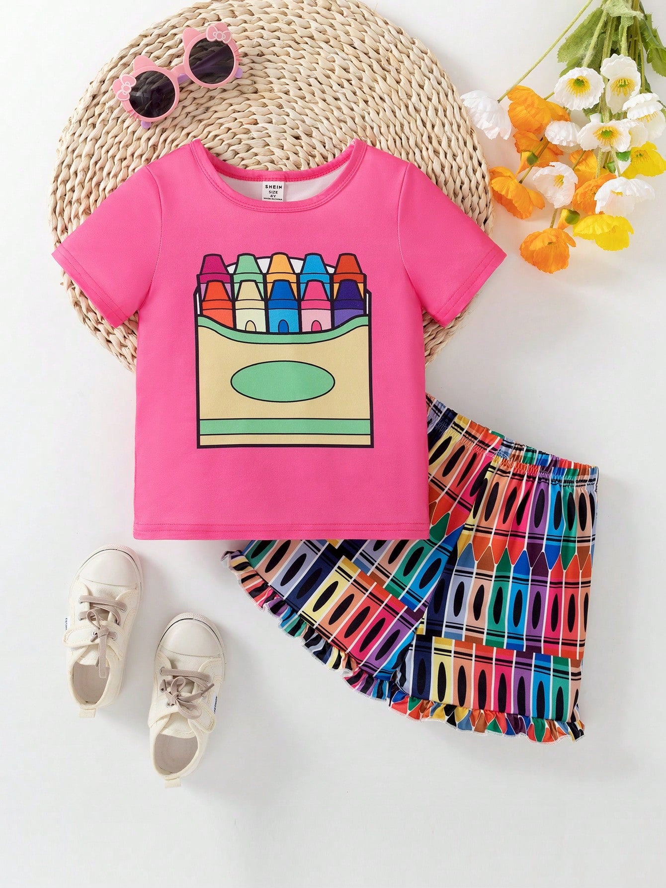 Young Girl Summer Casual 2pcs/Set Colorful Pen Printed Round Neck Short Sleeve T-Shirt And Shorts