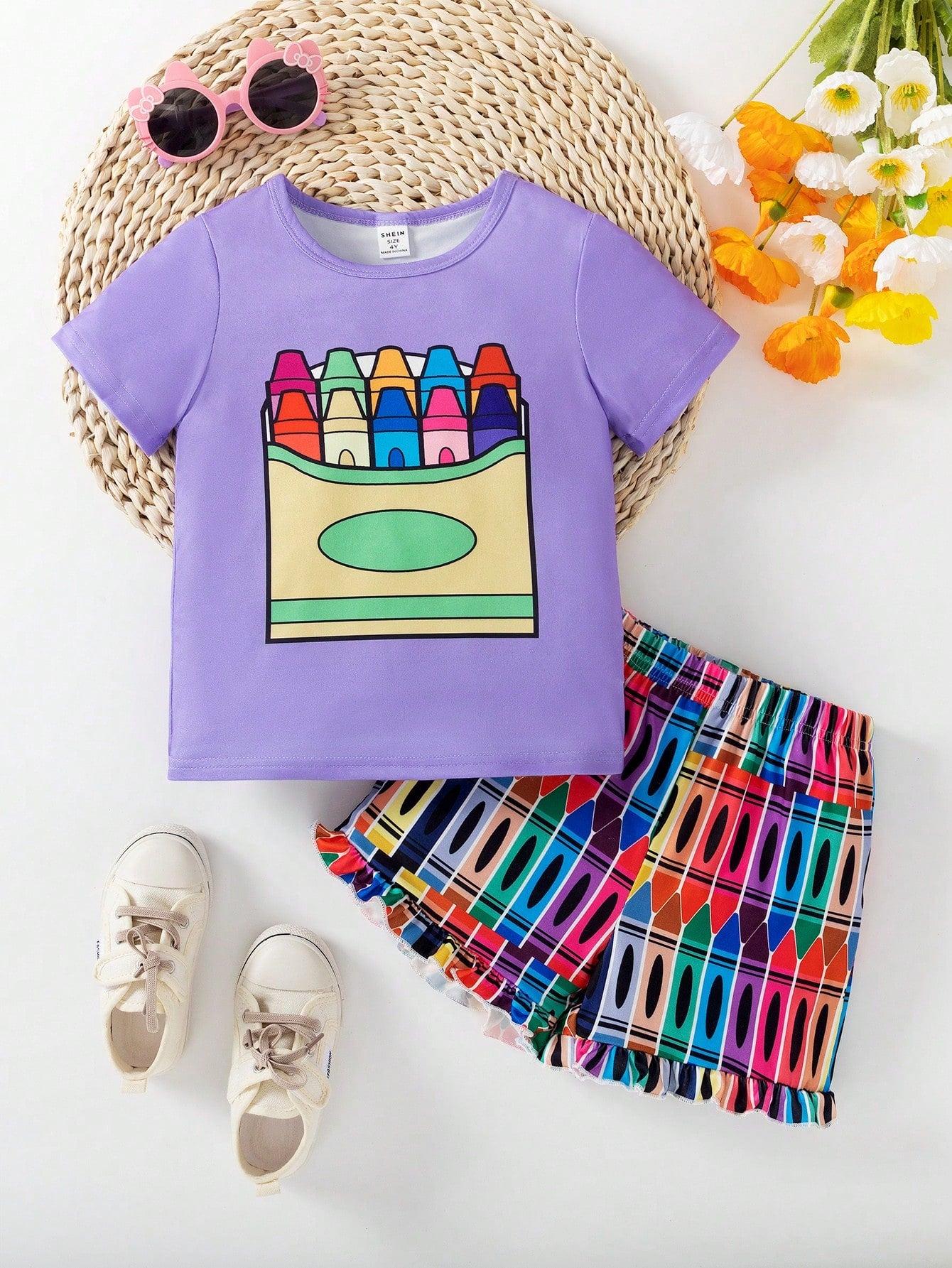 Young Girl Summer Casual 2pcs/Set Colorful Pen Printed Round Neck Short Sleeve T-Shirt And Shorts