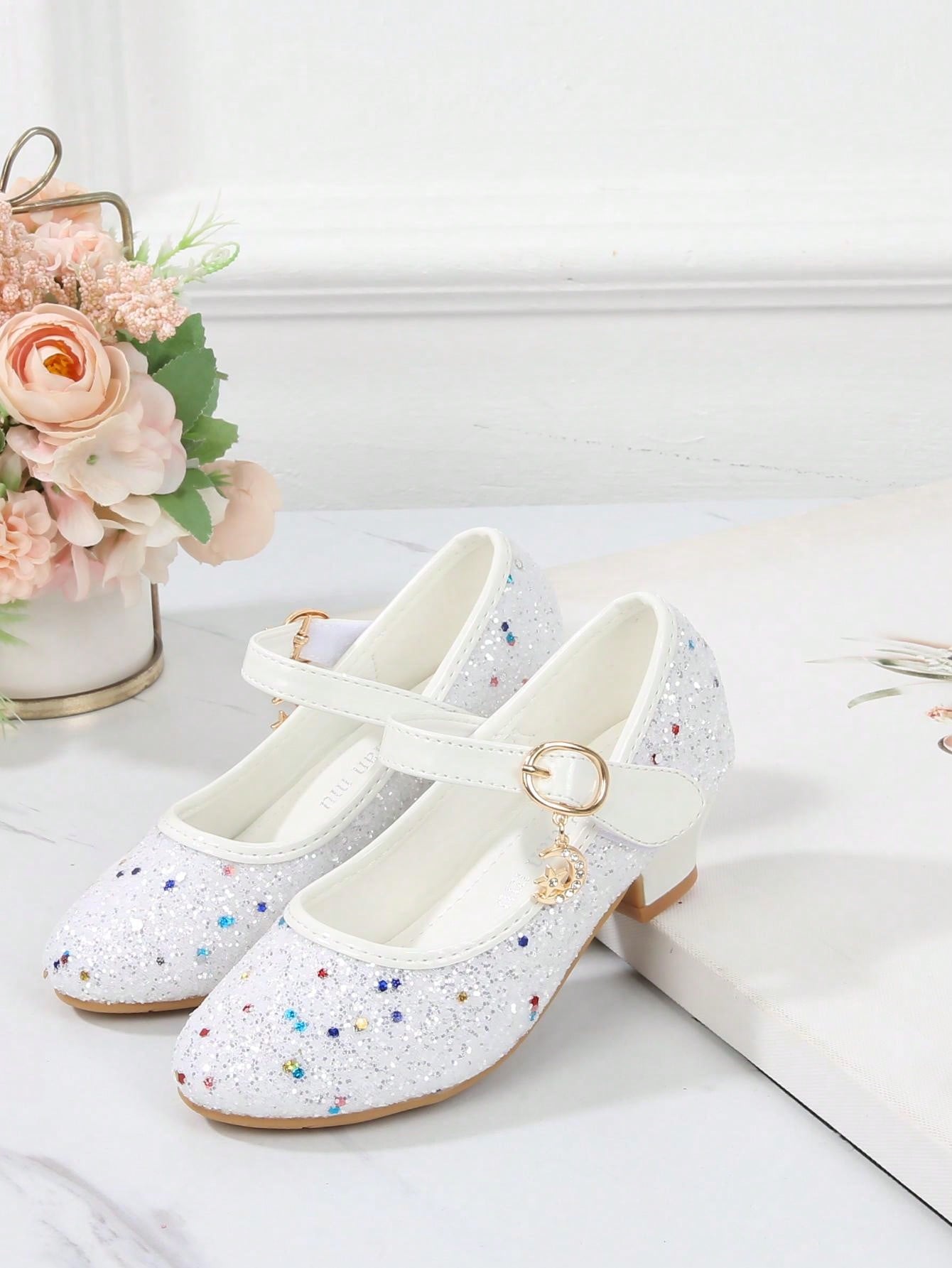 Girls' High Heel Shoes, Korean Style Princess Leather Shoes With Sequins, Suitable For Dancing And Spring/Autumn Season