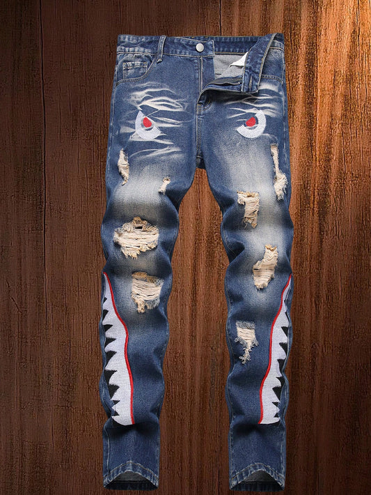 Teenager Boys' Skinny Fit Straight Jeans With Shark Embroidery And Distressed Details