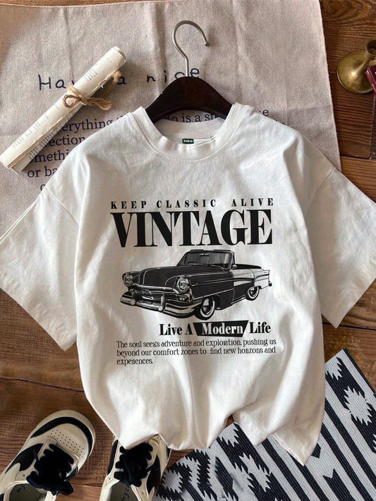 Casual Retro Car Printed White Round Neck Slim Fit Women's T-Shirt, Summer KEEP CLASSIC ALIVE VINTAGE Live A Modern Life The Soul Seeks Adventure And Exploration, Pushing Us Beyond Our Comfort Zones To Find New Horizons And Experiences