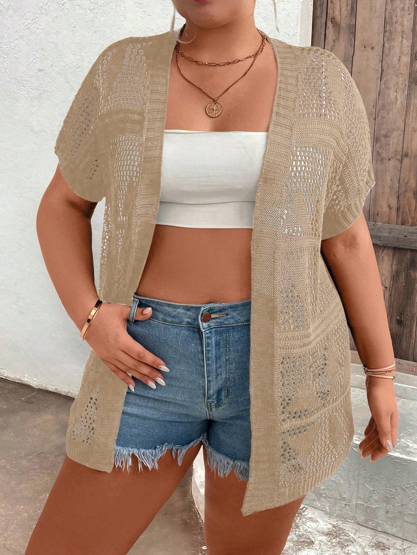 Plus Size Summer Solid Color Knitted Casual Short Sleeve Cardigan