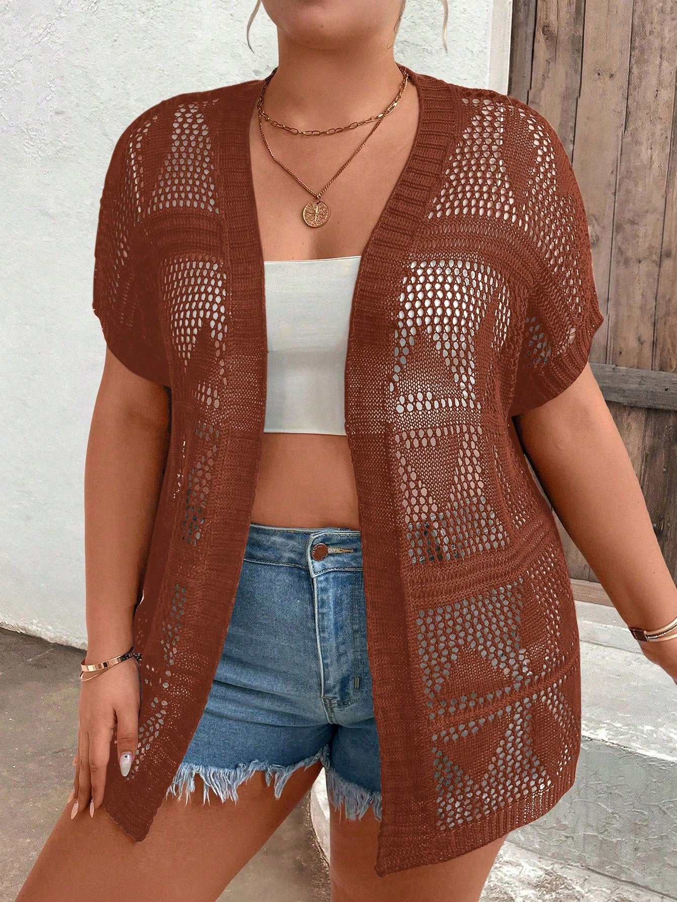 Plus Size Summer Solid Color Knitted Casual Short Sleeve Cardigan