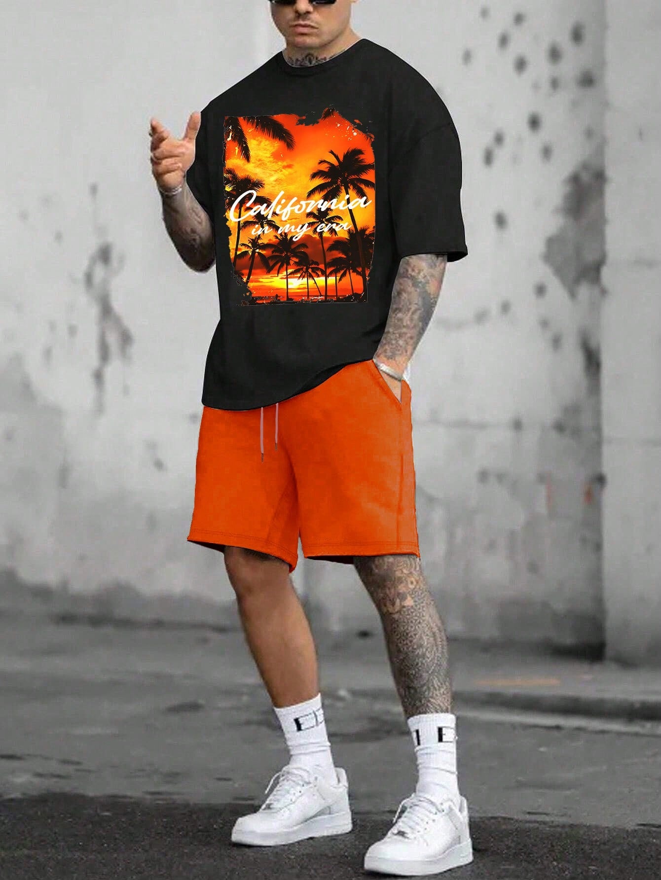 Men's Summer Holiday Palm Tree & Letter Print Round Neck Short Sleeve Casual T-Shirt And Drawstring Waist Shorts Set