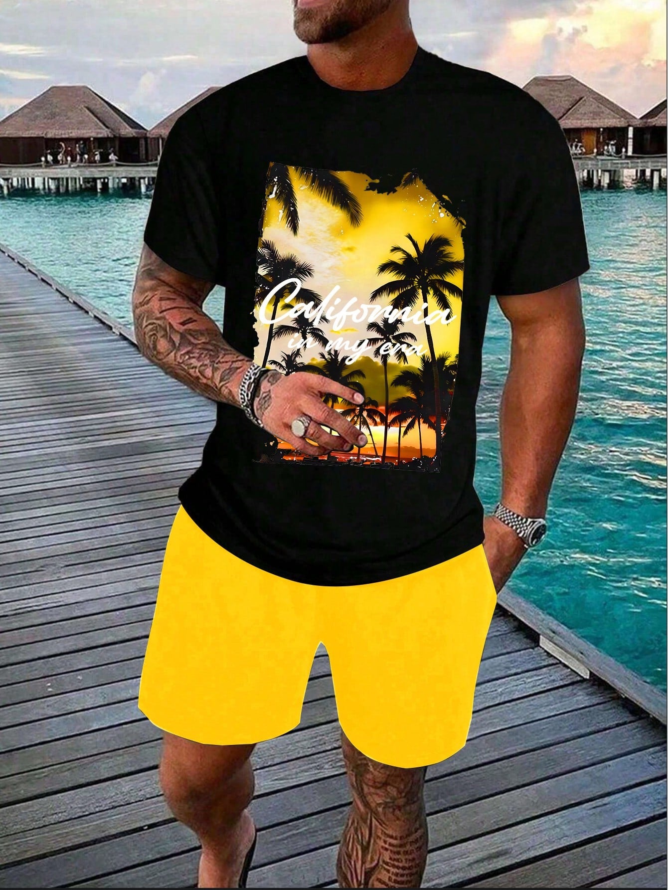 Men's Summer Holiday Palm Tree & Letter Print Round Neck Short Sleeve Casual T-Shirt And Drawstring Waist Shorts Set