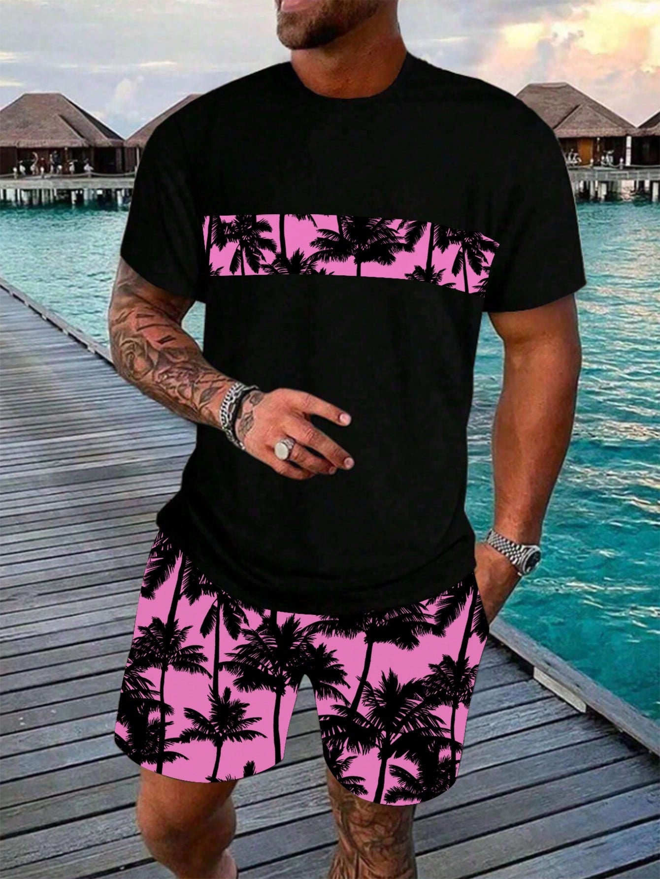 Men Summer Vacation Lounge Coconut Tree Printed Short Sleeve T-Shirt And Shorts Set