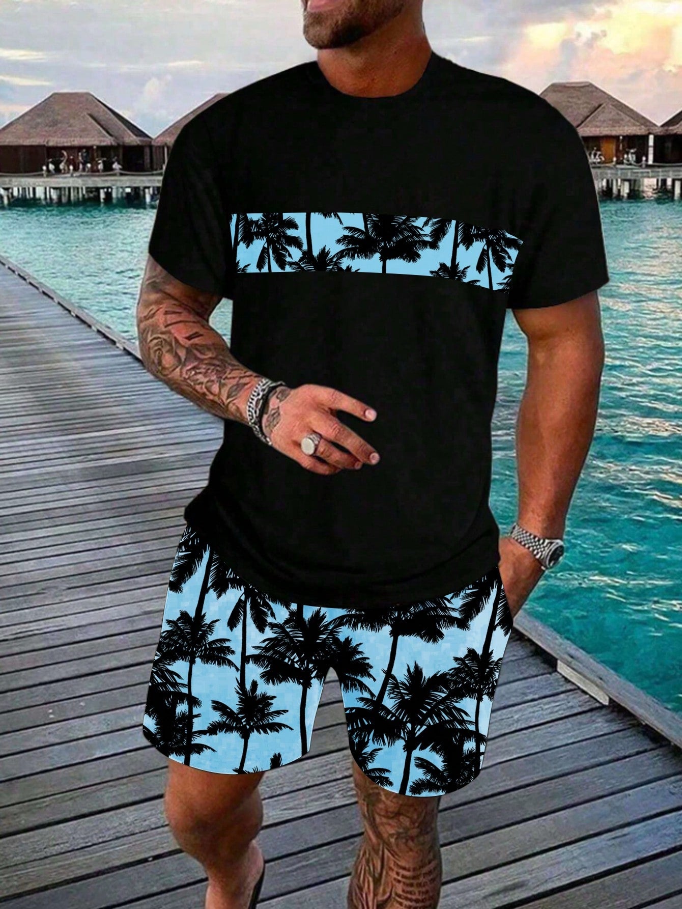 Men Summer Vacation Lounge Coconut Tree Printed Short Sleeve T-Shirt And Shorts Set