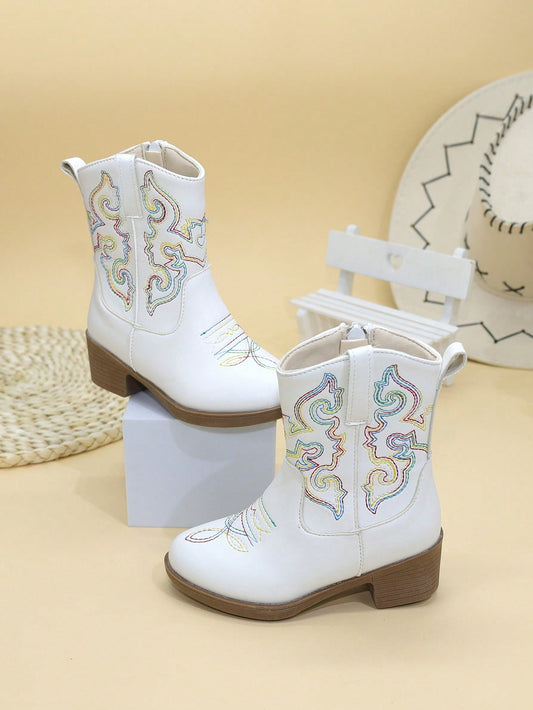 Children's Boots For Girls – High/ Mid-Calf Embroidered Western Cowboy Boots, Pointed Toe, Side Zipper, High Heels