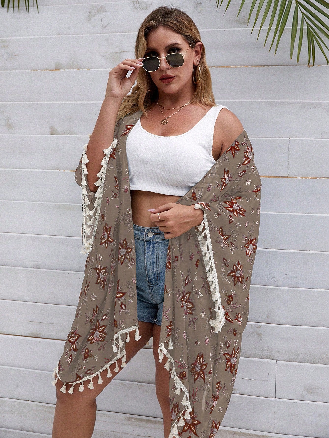 Swim Lushore Plus Size Summer Holiday Floral Printed Fringe Decorated Kimono Jacket With Batwing Sleeve