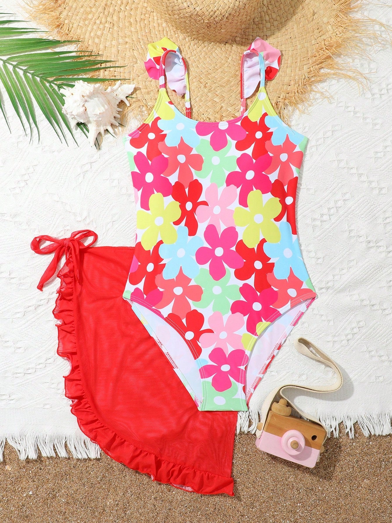 Tween Girl One-Piece Swimwear, Cute Floral Printed Swimsuit With Ruffled Skirt