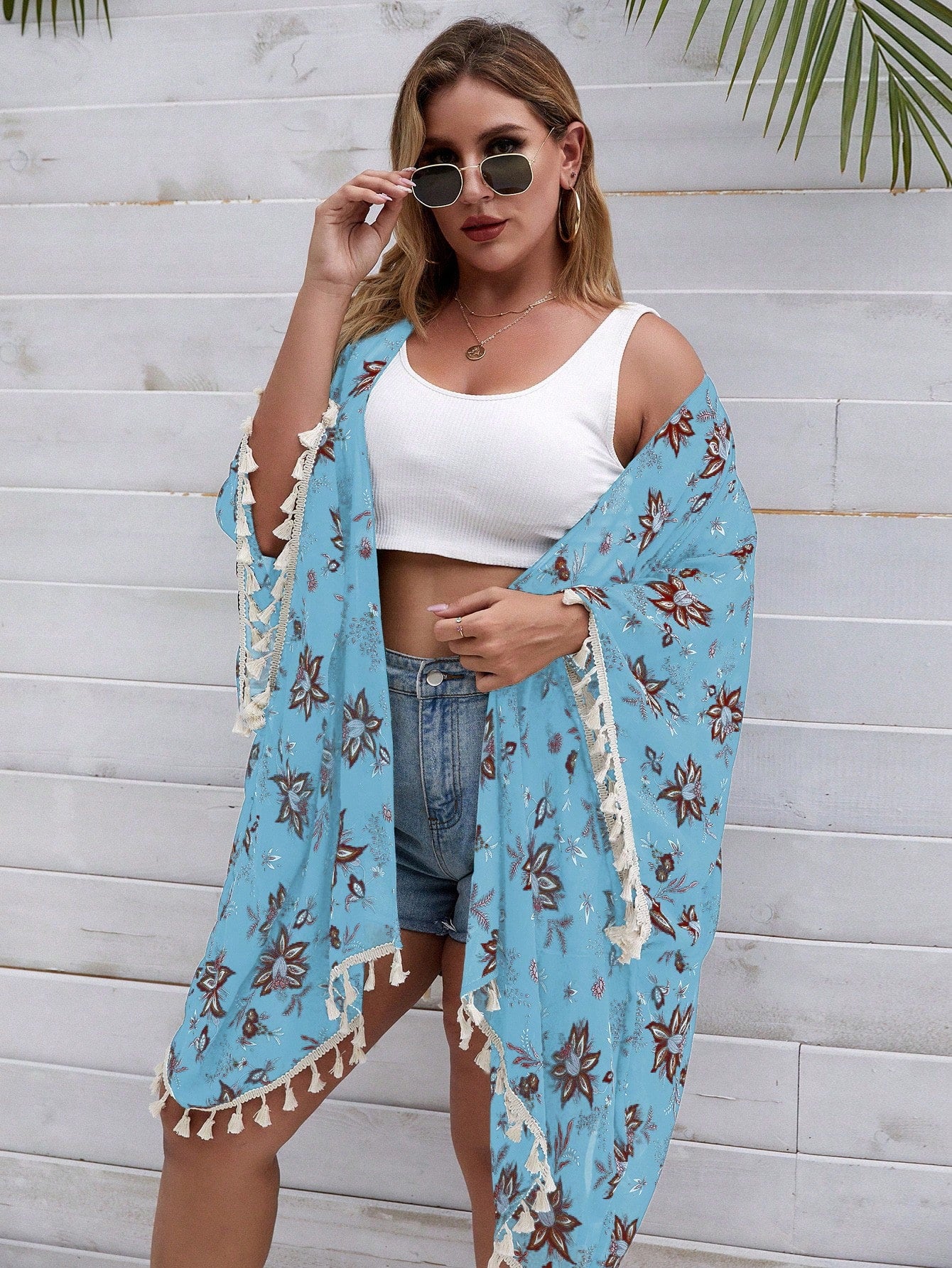 Swim Lushore Plus Size Summer Holiday Floral Printed Fringe Decorated Kimono Jacket With Batwing Sleeve