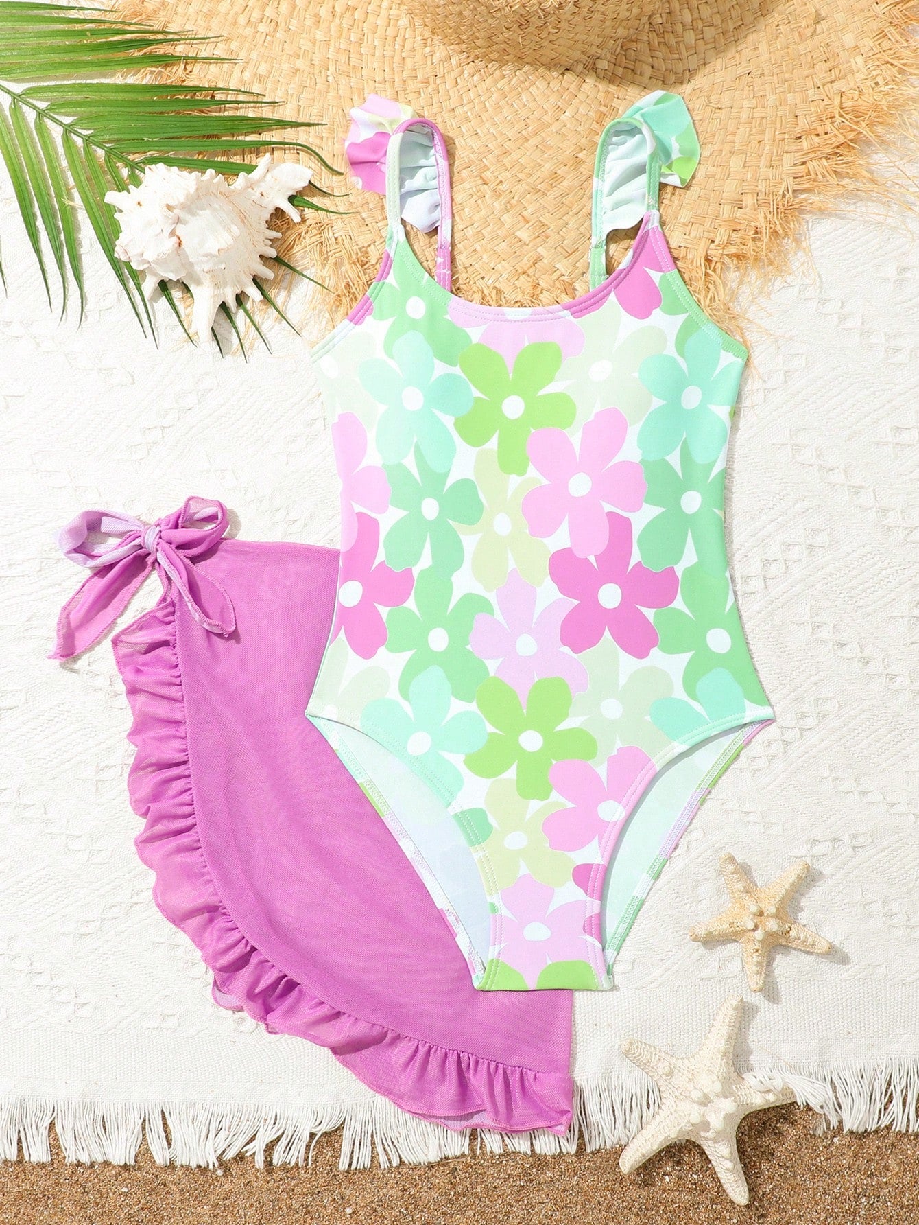 Tween Girl One-Piece Swimwear, Cute Floral Printed Swimsuit With Ruffled Skirt