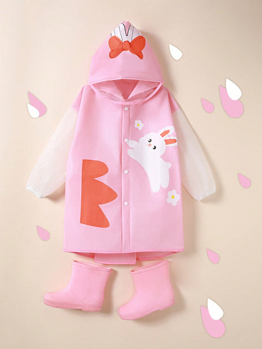 Girls' Cute Rabbit Raincoat With Backpack Position For Outdoor Hiking And Playing, All-Season Waterproof Raincoat