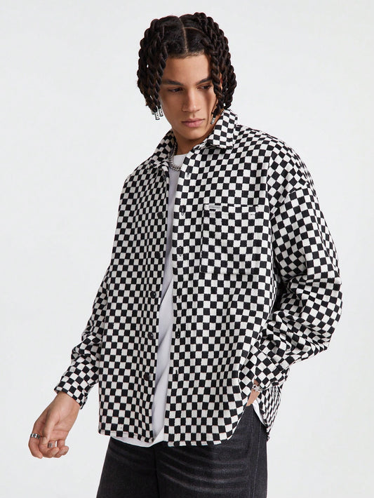 Men's Loose Long Sleeve Plaid Shirt Jacket, Black And White