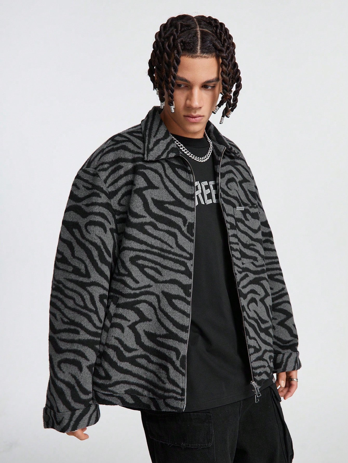 Men's Collared Long Sleeve Loose Fit Jacket With Front Zipper, Pockets And Zebra Stripes Pattern