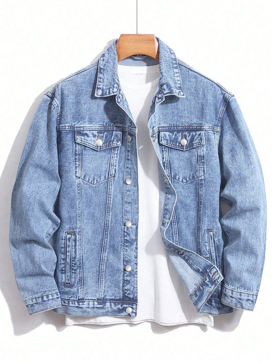 Men's Plus Size Simple Solid Color Long Sleeve Denim Jacket For Daily Wear