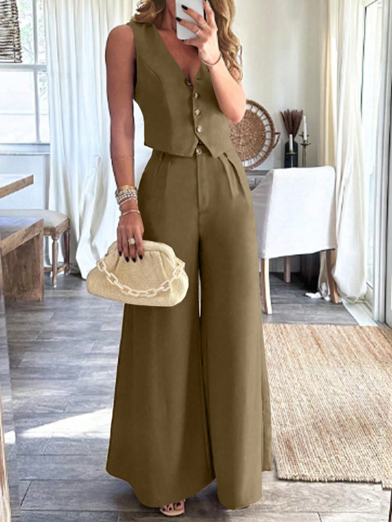 Frenchy Spring Summer Casual Street Style Solid Color Short Vest And Pleated Wide-Leg Pants Suit For Commuting And Daily Wear