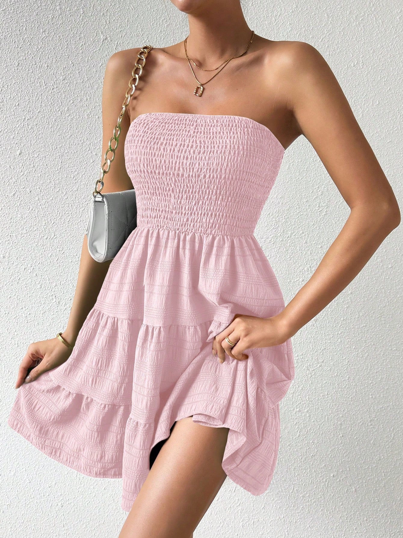 Solid Color Ruffles Hem Strapless Dress