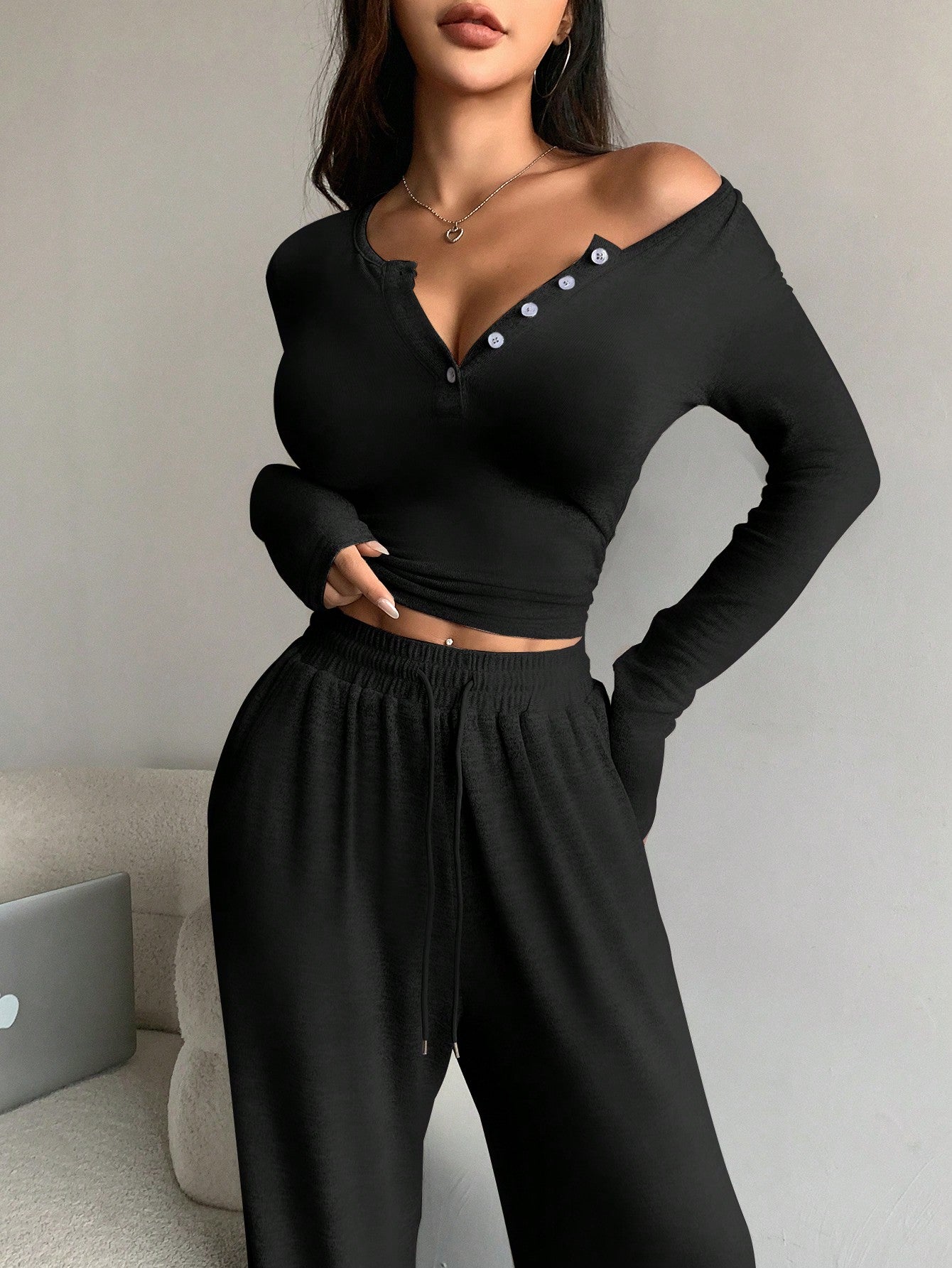 Women's Solid Color Button Placket Long Sleeve T-Shirt And Pants Two-Piece Set