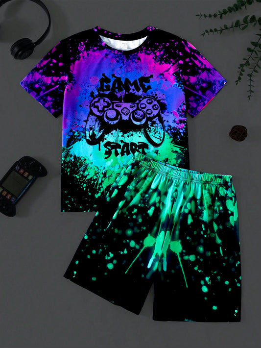 Tween Boy's Glow In The Dark Ink Splatter Game Controller Pattern Short Sleeve Shorts Pajama Set, Summer Casual Loose Homewear Set