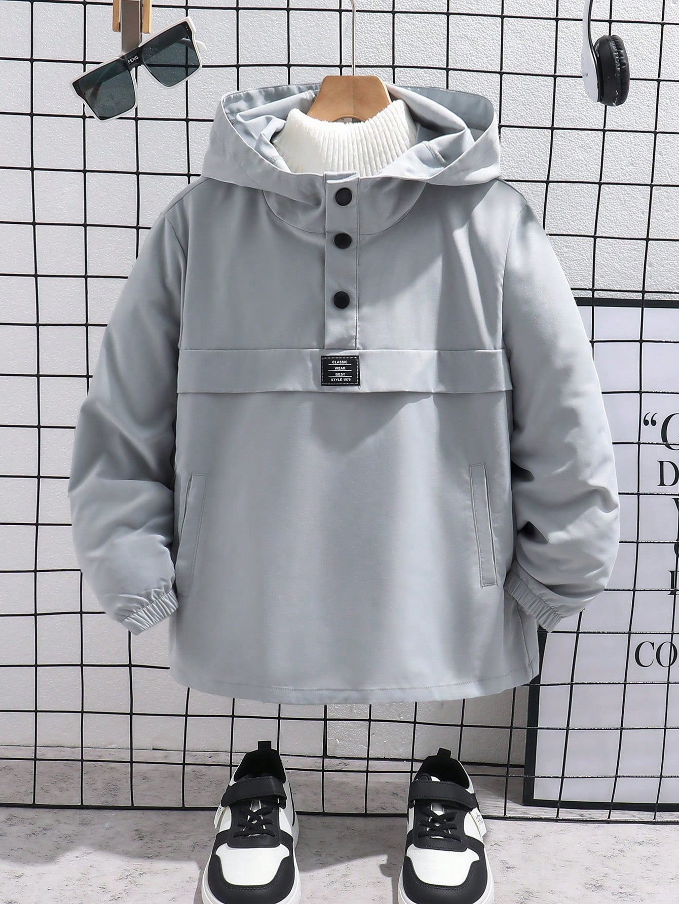 Kids Tween Boy Casual Sports Zip-Up Hooded Sweater With Knitted Tag, Long Sleeve Thin Jacquard Jacket