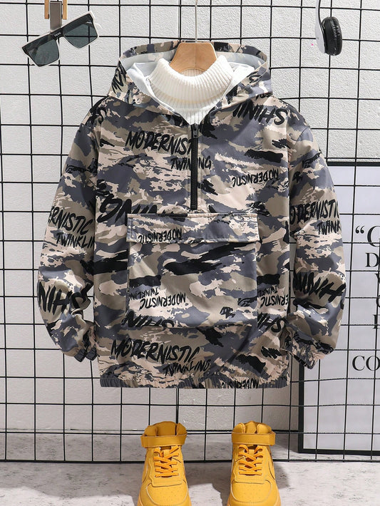 Kids' Tween Boy's Casual Camouflage & Letter Print Hooded Half-Zip Thin Woven Jacket With Long Sleeves