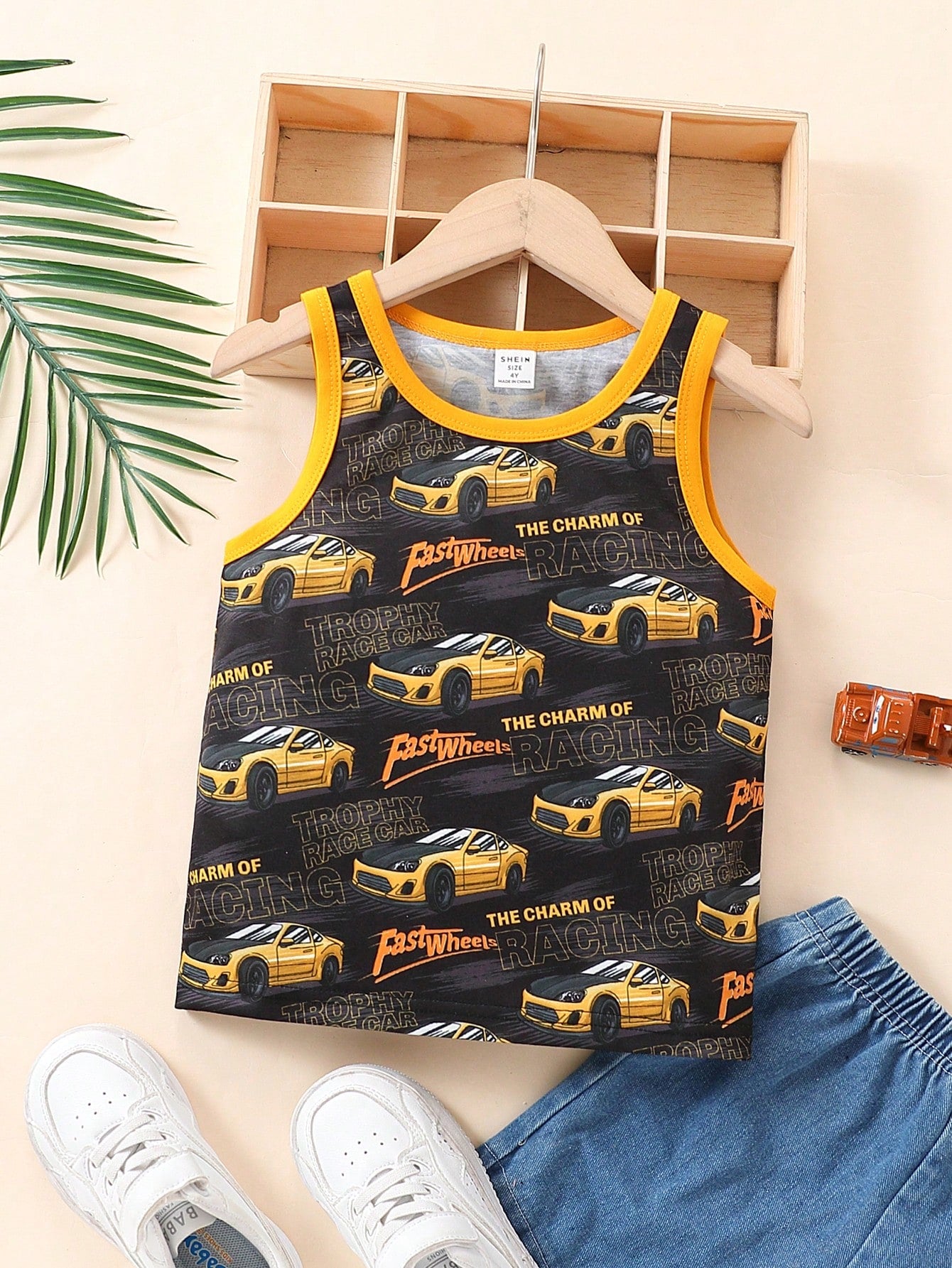 Young Boy White Cartoon Car Printed Cute Round Neck Casual Tank Top For Summer