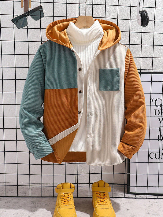 Kids Tween Boy Casual College Vacation Color-Blocked Hooded Cardigan Sweatshirt In Corduroy & Woven Lining