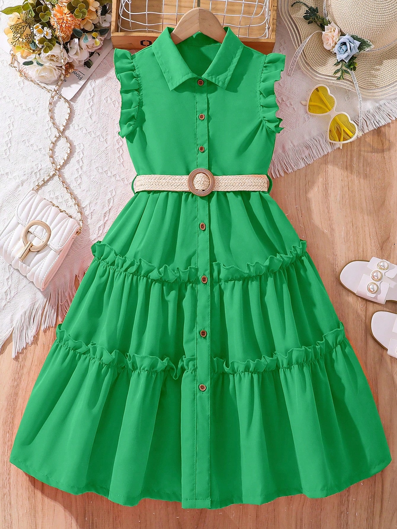 Tween Girl's Turn-Down Collar Mid-Length Dress With Woven Waist Belt