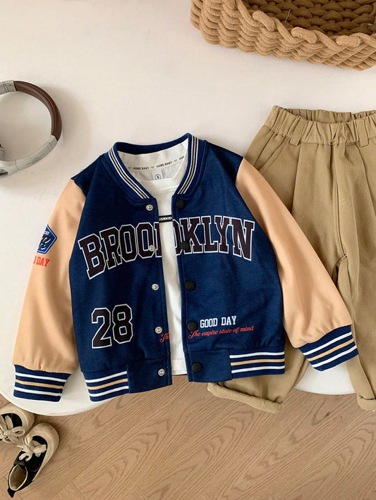 Boys' Casual College Style Color Block Sports Jacket With Curved Lettering 'BROOKLYN' And Digital Print Design On Sleeves, Suitable For Autumn And Winter For Outings And Schoolwear