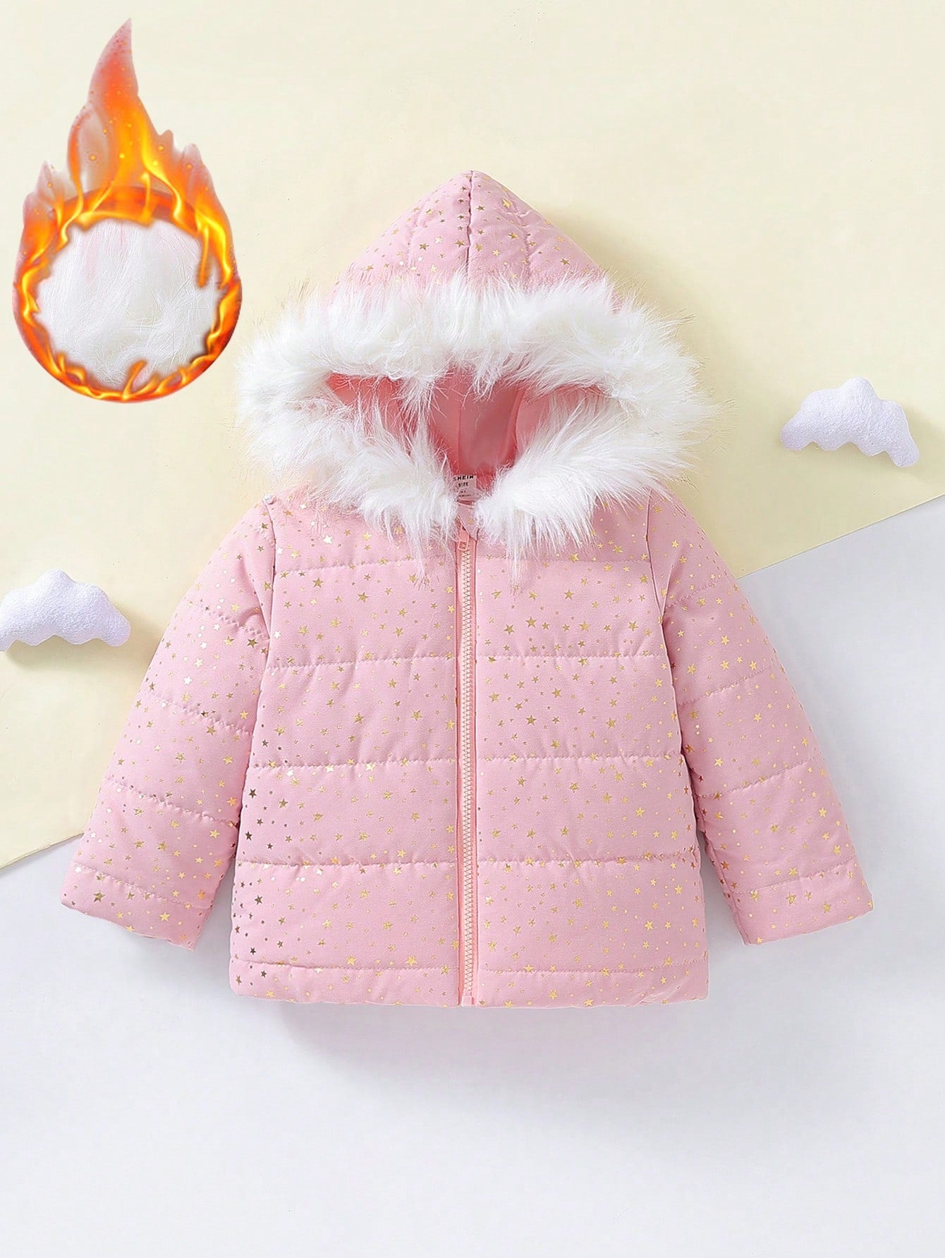 Young Girl Winter Warm Padded Coat For Young Girl Winter Outdoor Padded Coat For Little Young Girl Big Fur Tie Hat Full Body Gold Stamping All Over Print Padded Coat