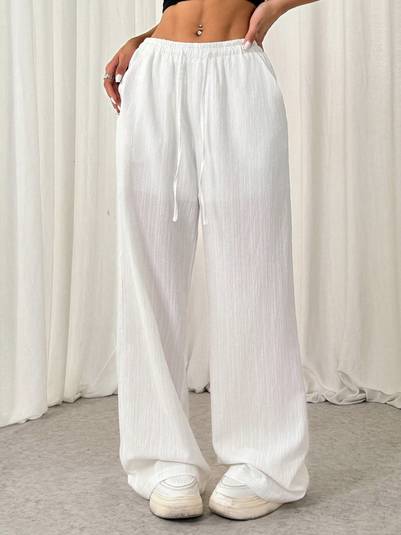 Cotton Loose Straight Drawstring Waist Slant Pocket Pants