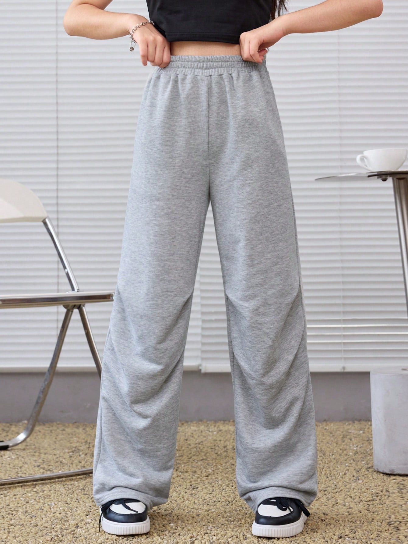 Teen Girl Knitted Solid Color Slanted Pocket Ruched Loose Casual  Grey Sweatpants