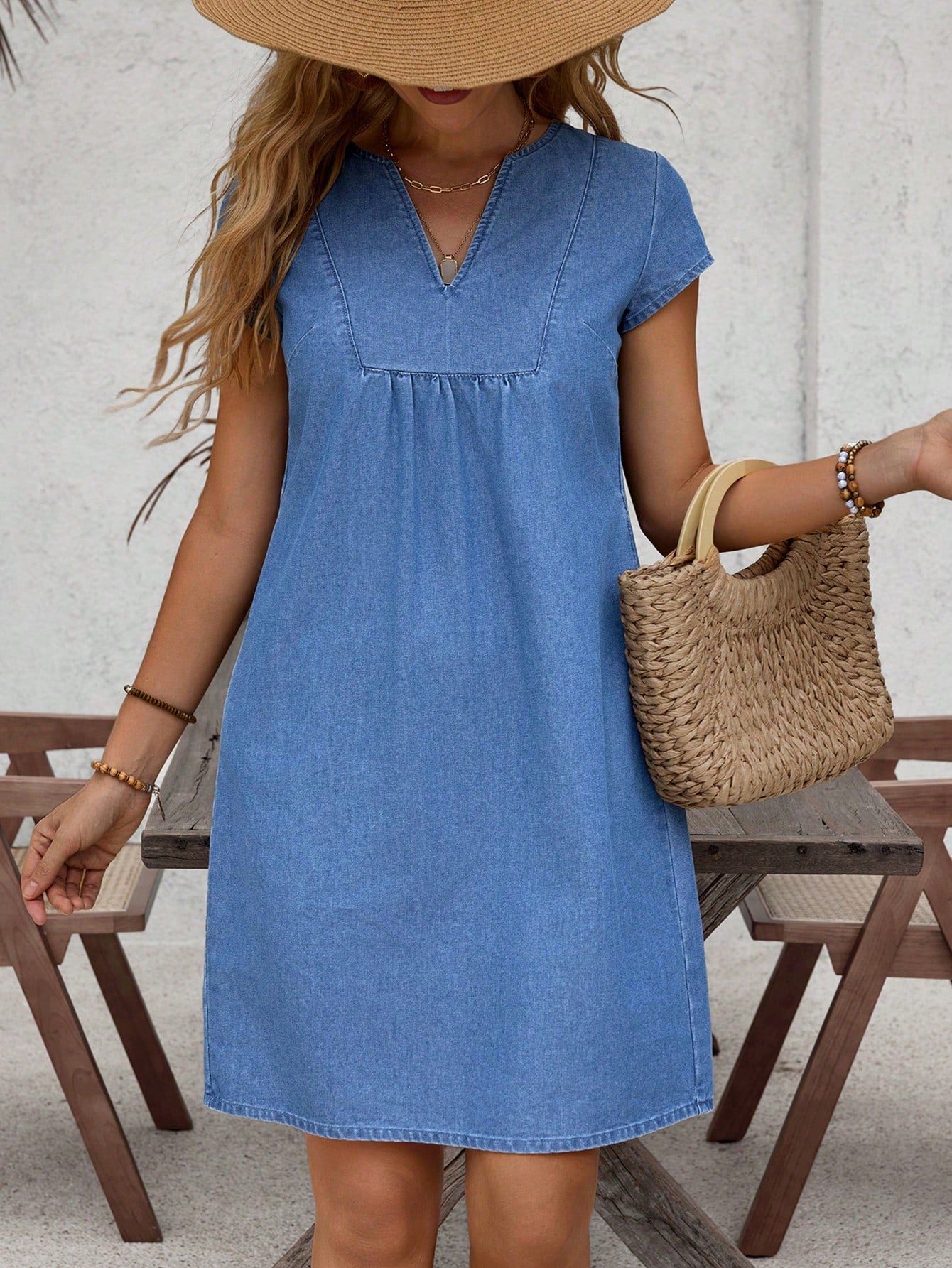 Women's V-Neck Short Sleeve Loose Fit Casual Fashion Denim Dress