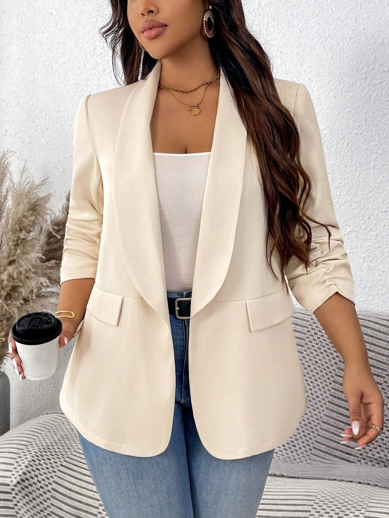 Plus Size Puffed Sleeve Pocketed Business Suit Jacket For Office Commute