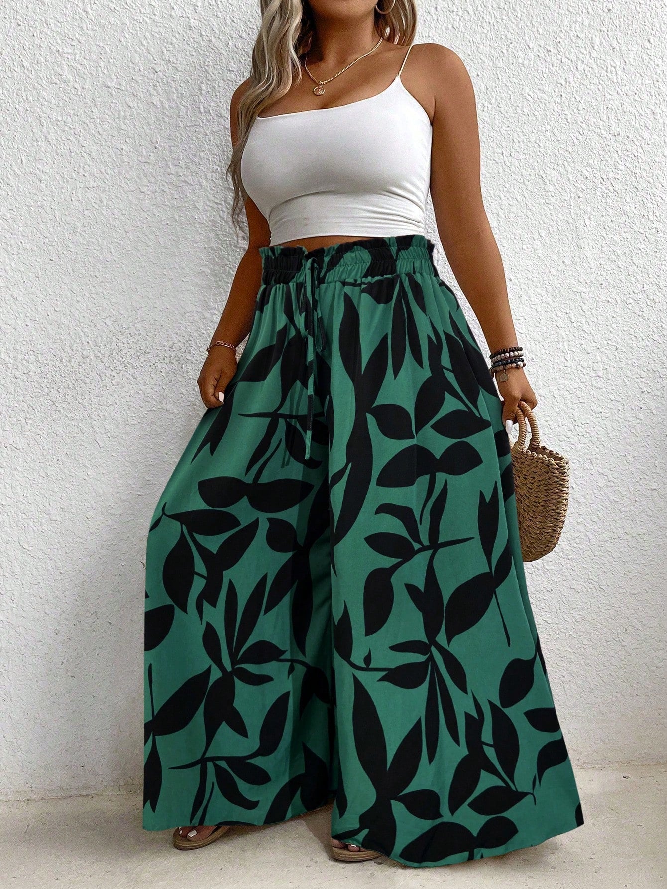 Plus Size Full-Print Elastic Waisted Tie Super Wide-Leg Pants Beach