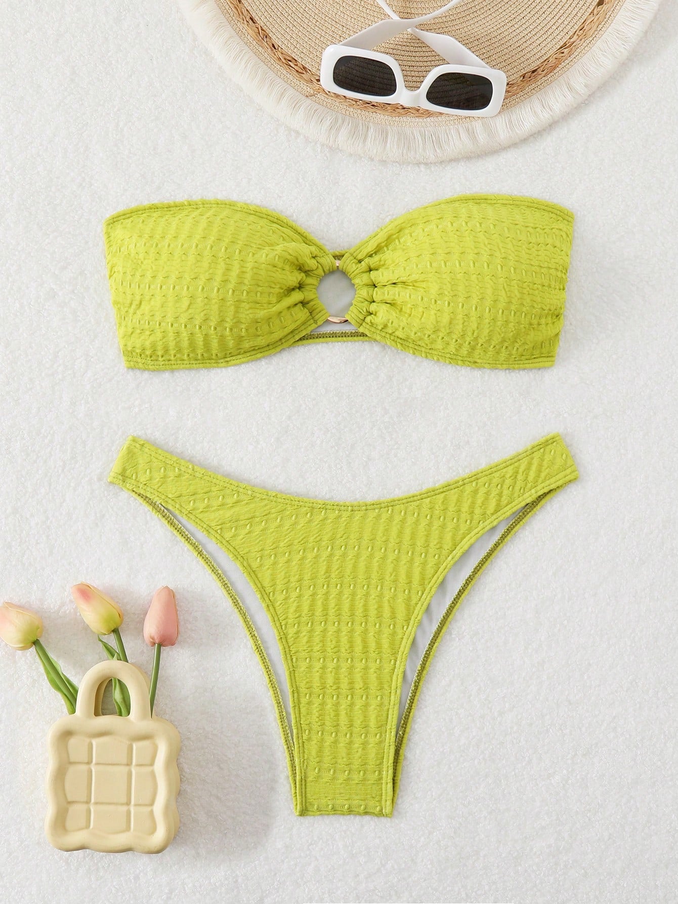 Swim Summer Beach Ring Linked Bandeau Bikini Set