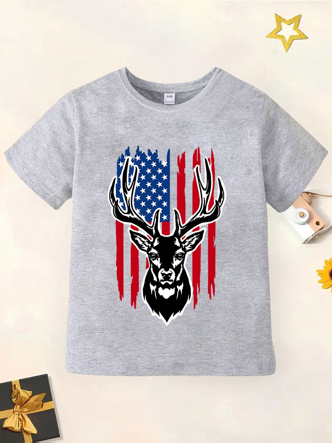 Young Boys' Stylish Antler & Flag Printed Round Neck T-Shirt, Spring/Summer