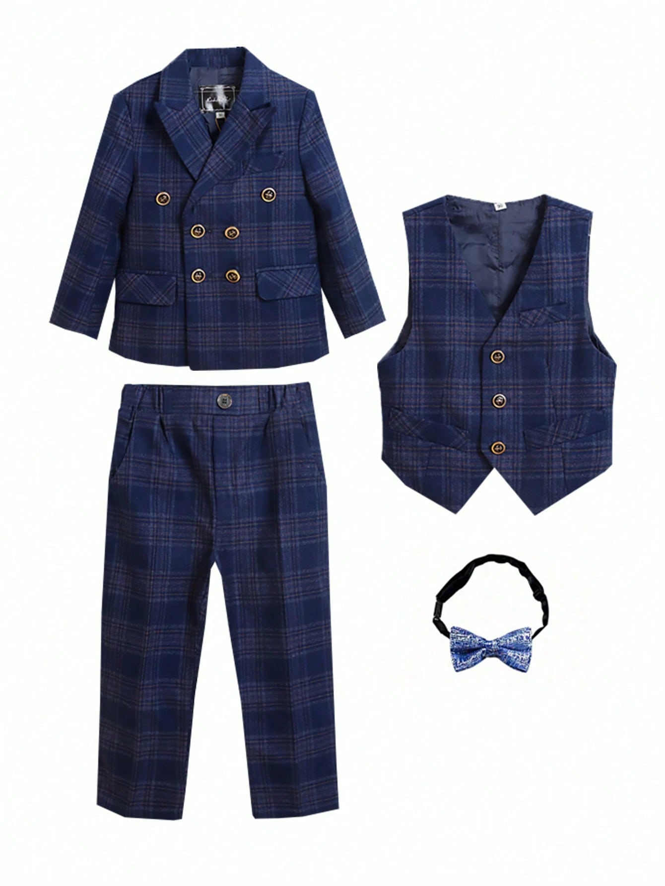 Young Boy 4pcs/Set Plaid Suit Set, Including Jacket, Vest, Pants And Tie, For Formal Occasions In Spring