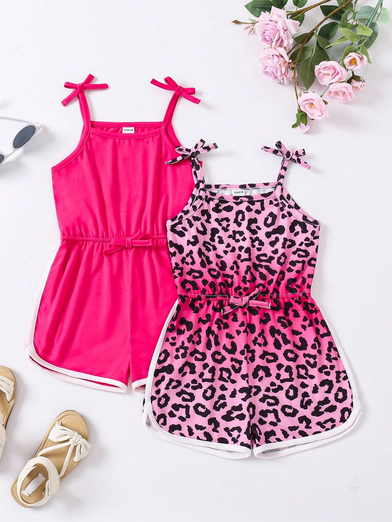 Young Girls' Floral Printed Shoulder Tie Romper, Summer