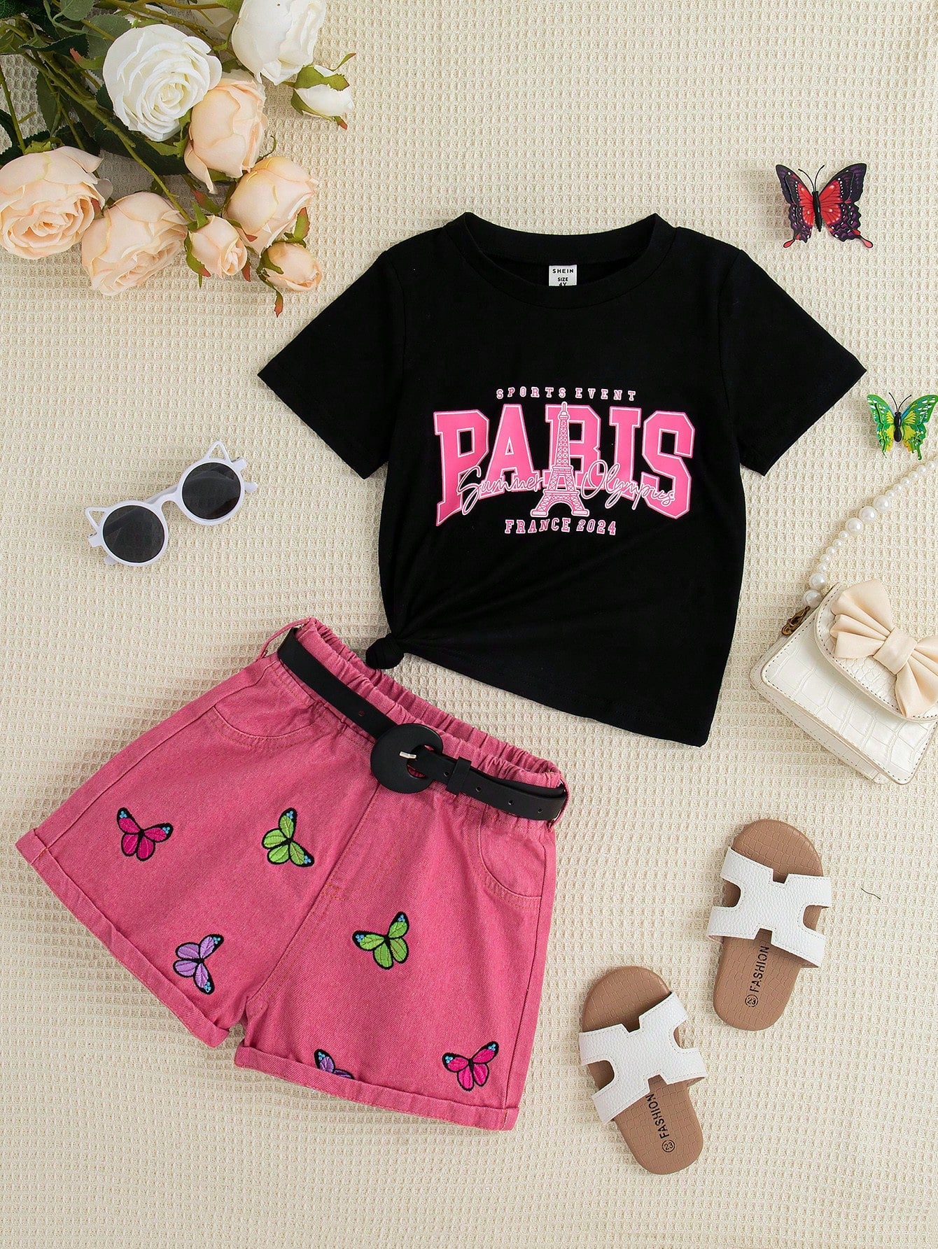 Young Girl Letter Butterfly Printed Short Sleeve Casual T-Shirt And Embroidered Denim Shorts Set With Belt