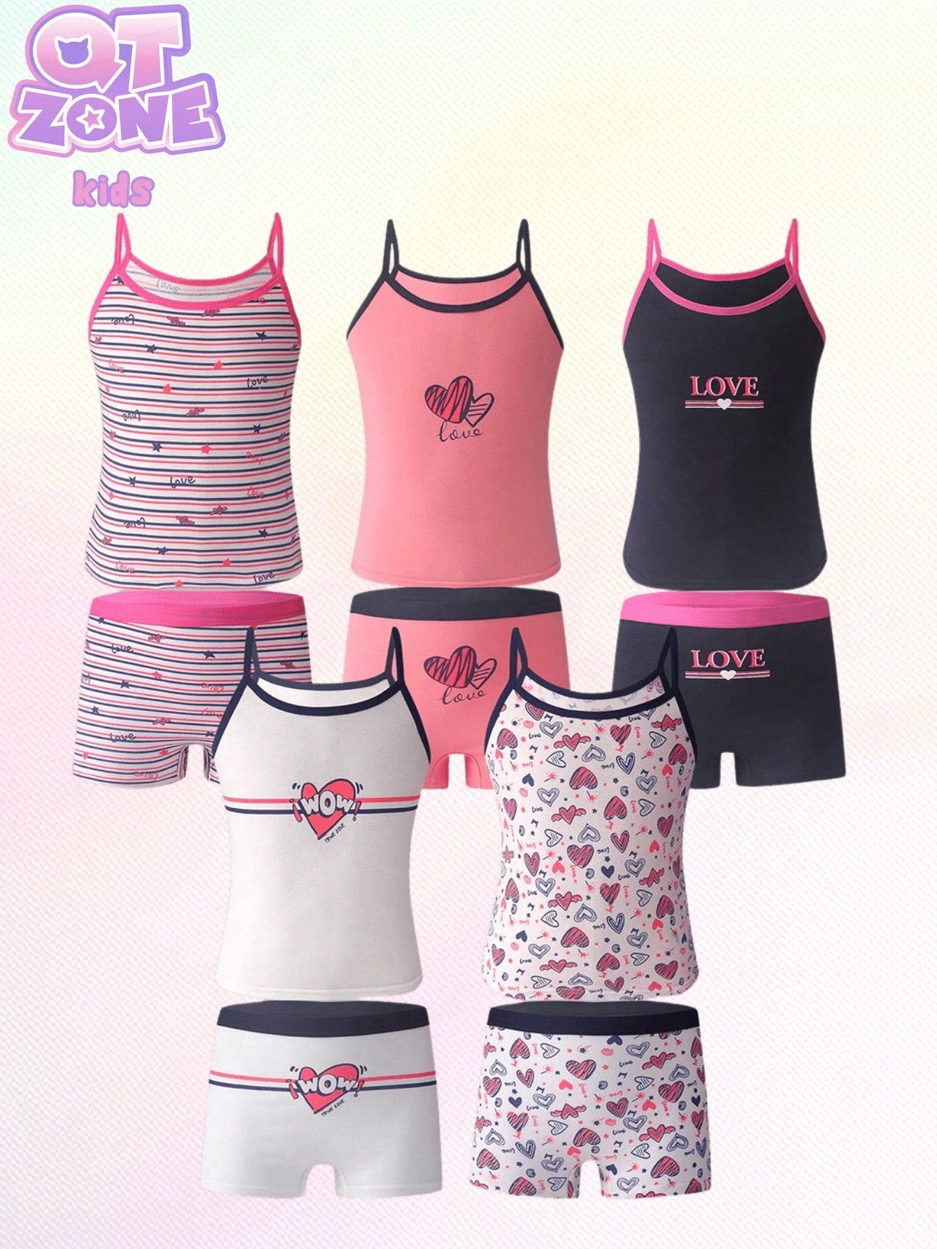 Young Girls' Simple Heart Printed Camisole Top And Briefs Underwear Set