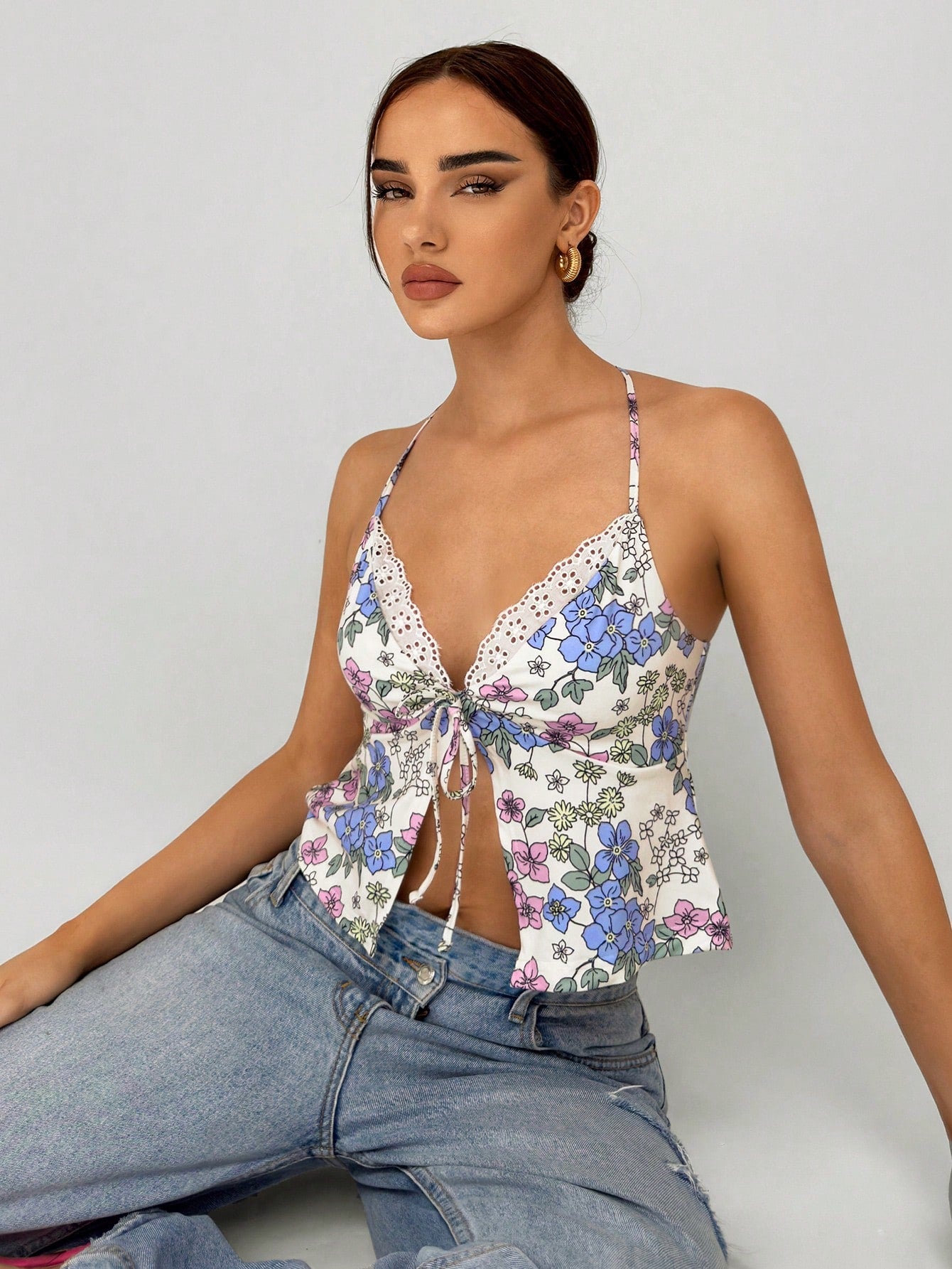 Women's Halter Tight-Fitting Camisole With Lace-Up And Racerback Design, Blue And White Porcelain Print, Romantic Date Outfit