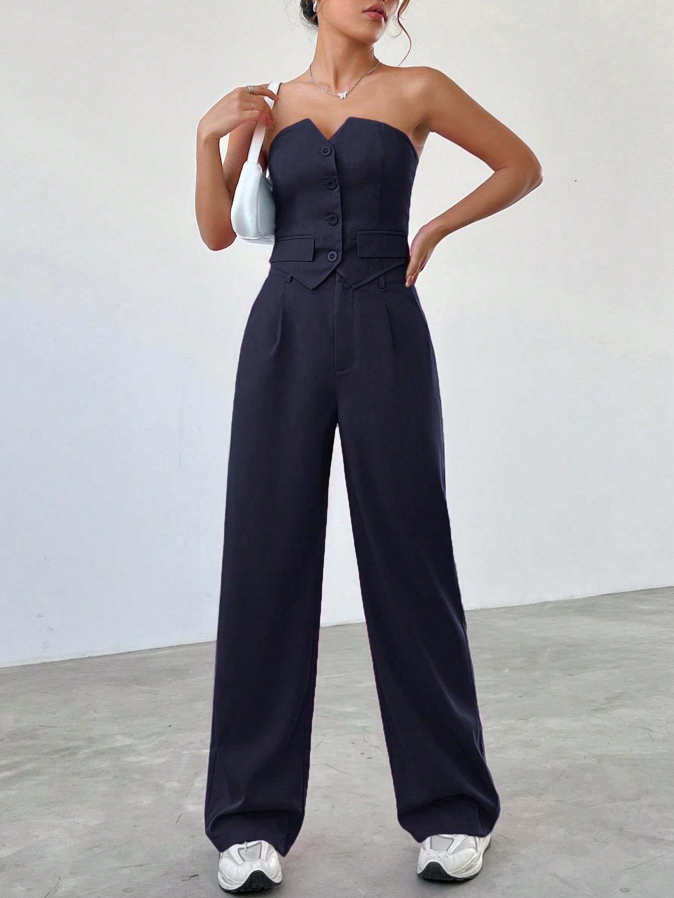 Women Summer Loose Casual Two-Piece Set With Single-Breasted Bustier With Asymmetrical Hem And Pleated Pants