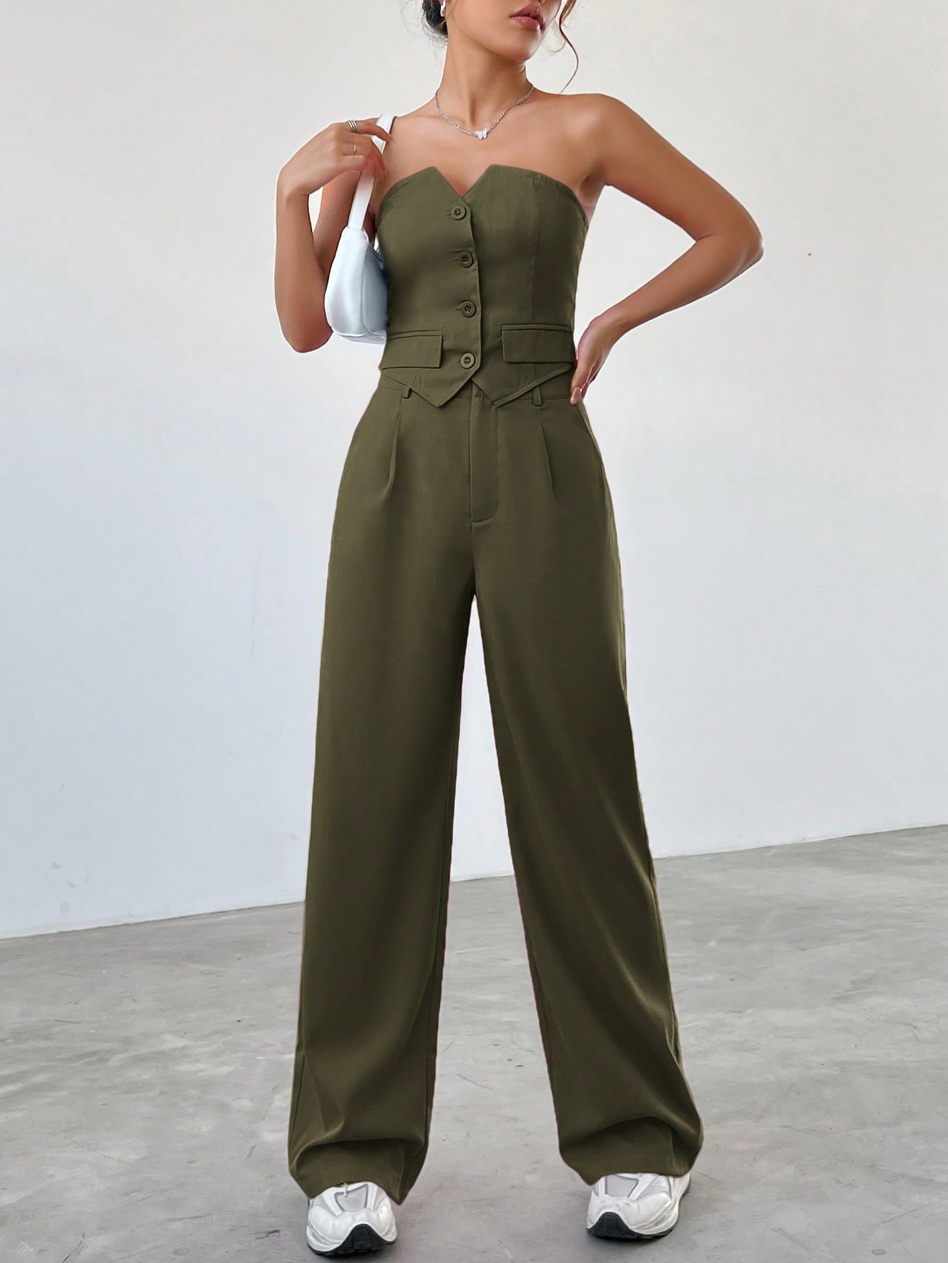 Women's Solid Color Front Button Asymmetrical Hem Top And Long Pants, Casual 2pcs/Set For Summer