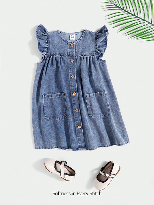 Cozy Cub Young Girls' Spring Summer Boho Trendy Beach Washed Flare Sleeve Patched Pocket Denim Summer Dress,Todder Girls Summer Clothes Outfits