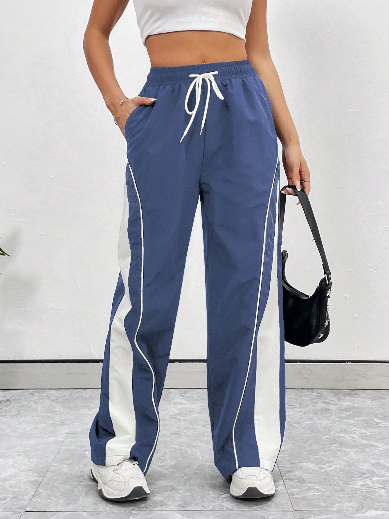 Women's Drawstring Waist Two-Tone Casual Sports Pants With Side Pockets