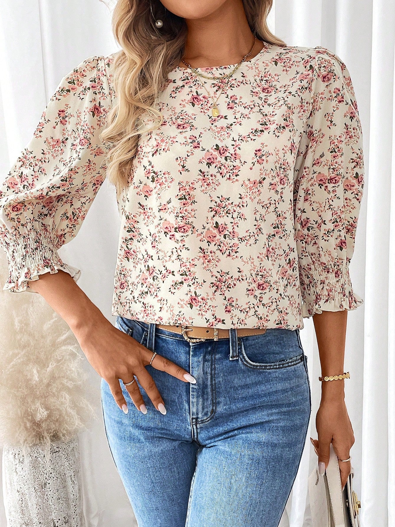 Easter Style Floral Print Half Sleeve Round Neck Fitted Shirt With Ruched Detail